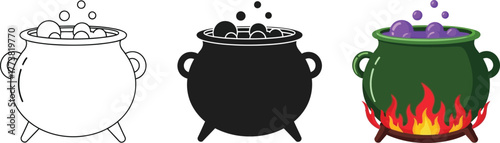 Set of three witch cauldron icons vector illustration: outline, solid black silhouette, and colorful cartoon graphic with bubbling purple potion over a bonfire or flame.