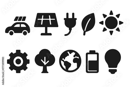 Renewable energy solid icon set. Eco-friendly, green technology, sustainability icons.