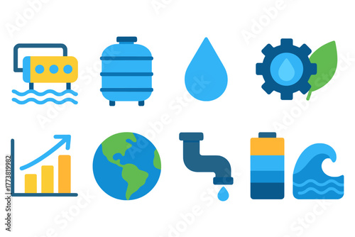Hydraulic and environmental flat icon set: water, energy, sustainability symbols