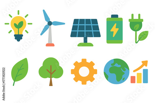 Eco-friendly energy flat icon set. Renewable energy, sustainability icons collection