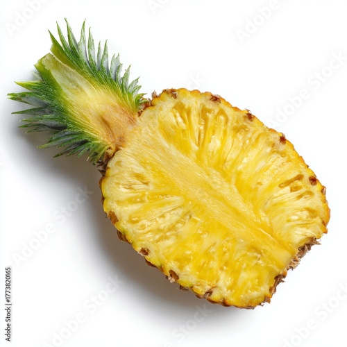 A fresh, juicy pineapple cut in half, revealing its vibrant interior. The fruit is positioned to showcase its refreshing nature