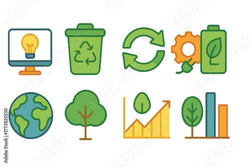 Eco-friendly, recycling flat icon set for sustainable environment and energy concepts