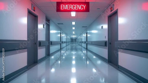Empty hospital corridor leading to glowing red emergency sign with closed doors on both sides
