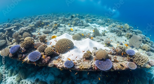Fototapeta Naklejka Na Ścianę i Meble -  Vibrant underwater coral reef teeming with diverse marine life and colorful formations.