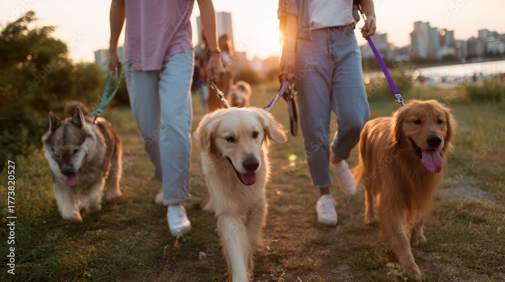 Naklejka premium Walking dogs at sunset near a city park with friends and happy pets