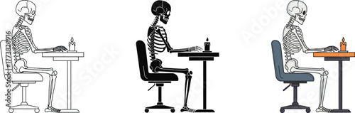 Skeletal system sitting at an office desk in an ergonomic position with proper posture, vector illustration set displaying line art, silhouette, and color variations isolated on white.