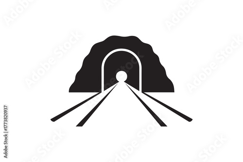 Railway tunnel entrance black and white design Minimal train tunnel silhouette with perspective tracks