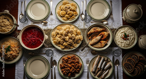 Overhead View of a Wigilia Feast Table with 12 Dishes
