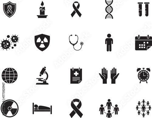 Cancer Awareness Silhouette icon collection. Includes Silhouette symbols ribbon, healthcare, DNA, microscope, hope, prevention and more. Isolated icons. Cancer Day icon set. Minimalist icons pack.