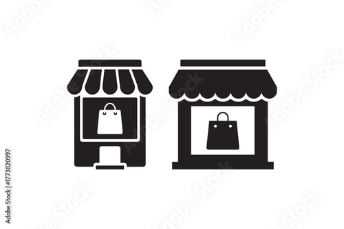 Shopping store icons black and white vector Retail shop and boutique front illustration