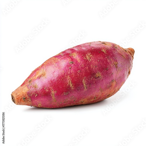 Freshly picked vibrant sweet potato isolated against a solid backdrop. The root vegetable's skin showcases a rich purplish-red hue, indicating its freshness and quality