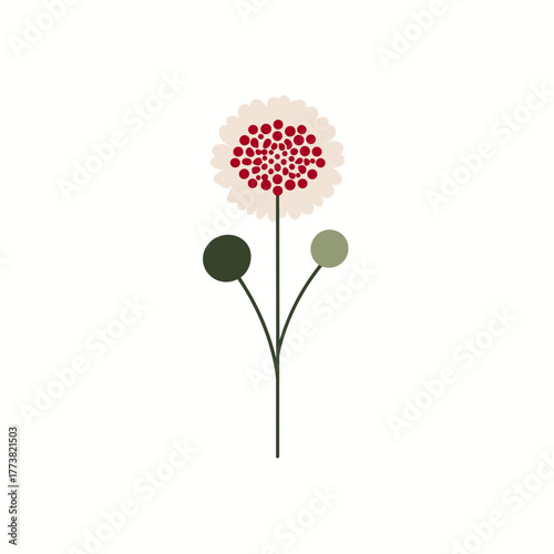 Abstract Scabiosa flower design with circular petals and red center — geometric minimal vector floral symbol
