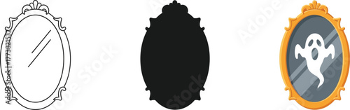 Ornate oval antique mirror icons set including detailed line art, solid silhouette, and color illustration featuring a spooky white ghost reflection inside, perfect for halloween horror.