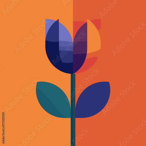 Abstract geometric tulip in blue and orange hues — modern minimal vector illustration