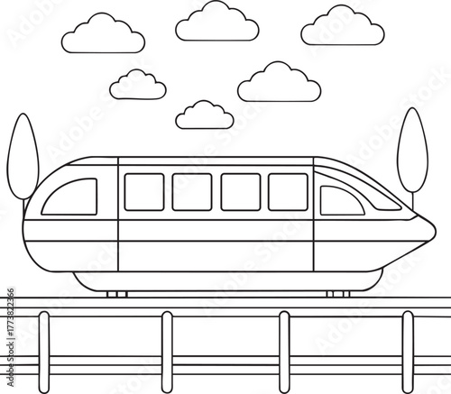 Monorail train traveling on track outline illustration for futuristic transport artwork