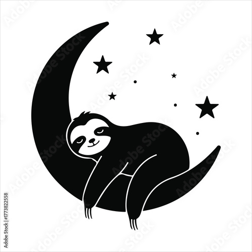 Cute cartoon sloth character sweetly sleeping and relaxing while clinging to a large crescent moon surrounded by twinkling stars, stylized vector illustration art print design