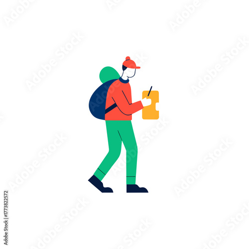 Stylized person with backpack and tablet navigating outdoors