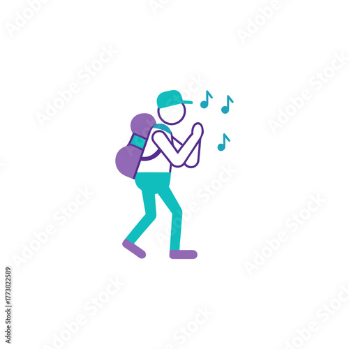 Cartoon hiker with backpack plays guitar and sings with musical notes