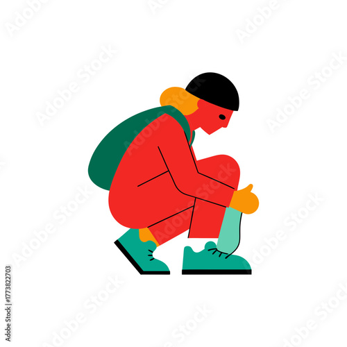 Stylized person in red crouching with backpack and brightly colored accessories