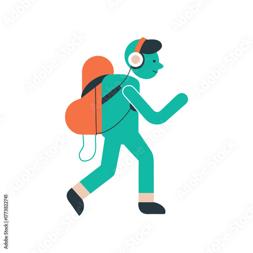 Stylized person with backpack and headphones walking