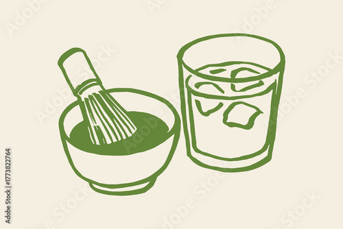 Matcha bowl, whisk, iced glass, hand-drawn sketch vector illustration