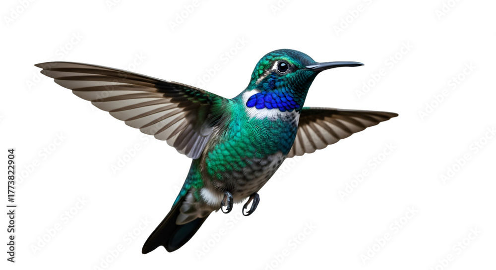 Fototapeta premium “Emerald Daze: Hummingbird in Flight” “Iridescent Blur: Hummingbird Sprint” “Feathered Gem: Jewel of the Garden” “Vibrant Hover: Hummingbird in Green-Blue Light”