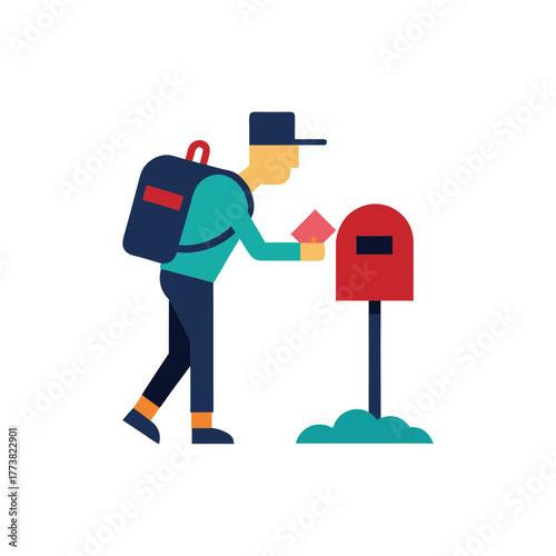 Stylized mail carrier delivers letter to red mailbox with backpack