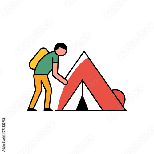 Adventurer setting up a minimalist red tent on a black background