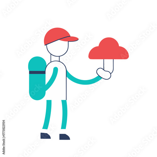 Cartoon character in a red cap holding a red mushroom with a backpack