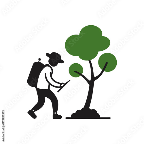 Adventurer with backpack inspects a young tree in a minimalist style