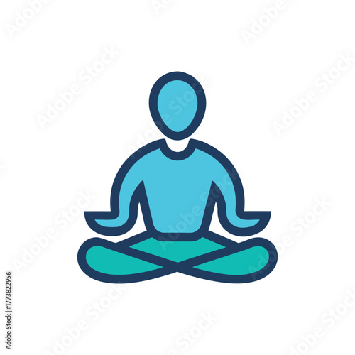 Stylized figure meditating in lotus pose with blue and teal colors