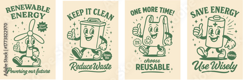 Vintage eco mascot posters promoting recycling, green living and environmental awareness