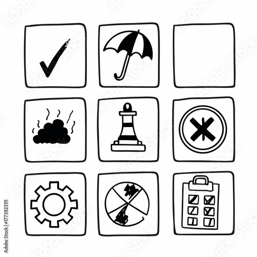 risk management icon set collection in dual tone style. an icon pack contain risk, threat, hazard, impact, control, mitigate, analysis, assess, plan, strategy