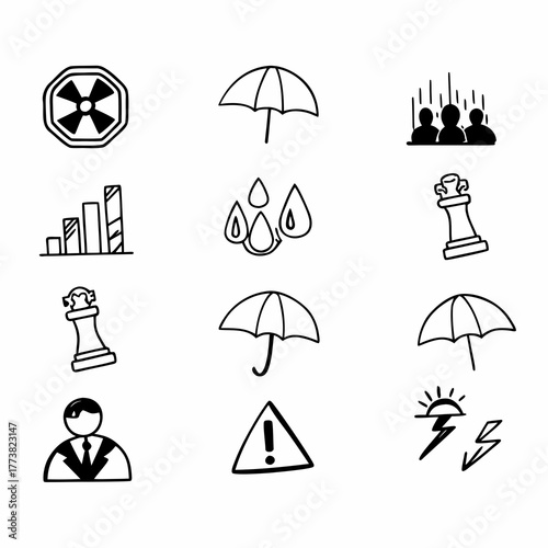 risk management icon set collection in dual tone style. an icon pack contain risk, threat, hazard, impact, control, mitigate, analysis, assess, plan, strategy