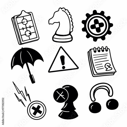 risk management icon set collection in dual tone style. an icon pack contain risk, threat, hazard, impact, control, mitigate, analysis, assess, plan, strategy