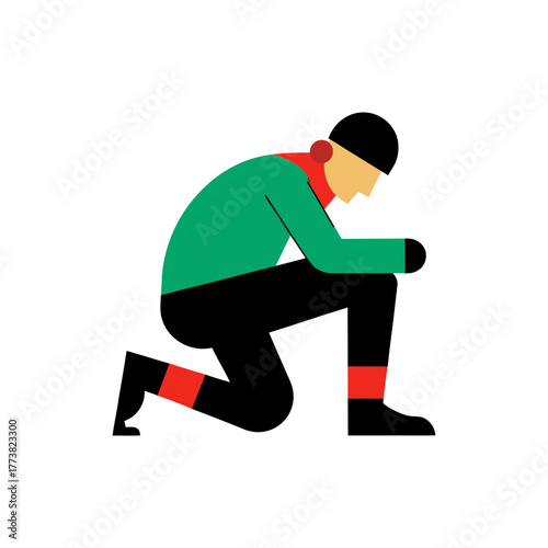 Stylized figure in green and red with head down