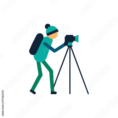 Cartoon photographer with backpack and camera on tripod capturing a scene