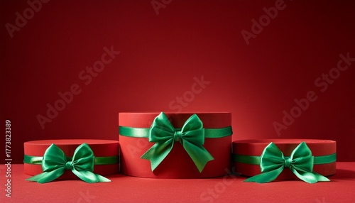 Green empty podiums on green background with many red velvet tied bows. Christmas display background. Generated image