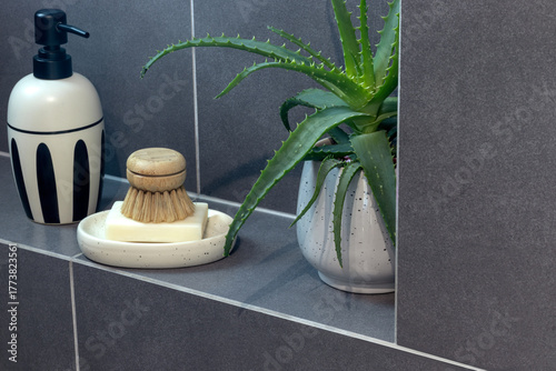 Bathroom shelf with dispenser, soap, soap brush