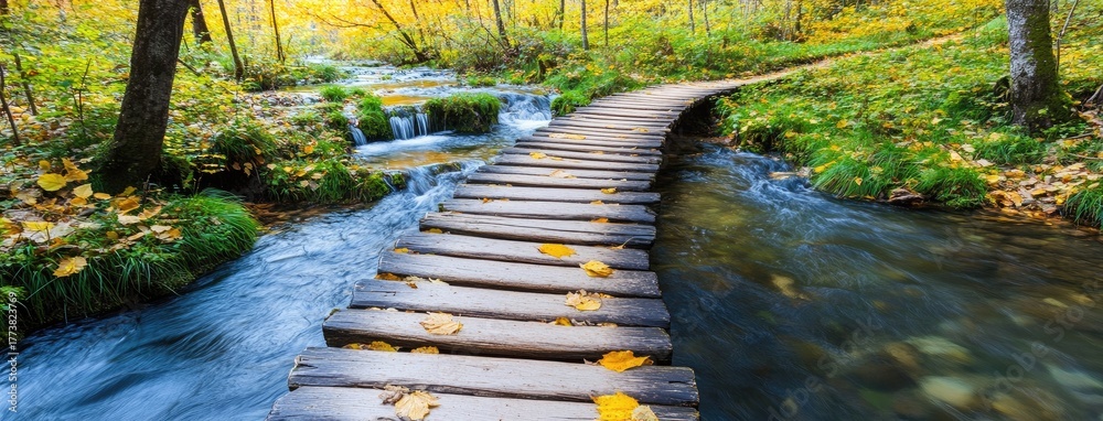 Obraz premium Wooden bridge crossing a serene stream in Plitvice Lakes National Park during vibrant autumn foliage of orange and yellow leaves