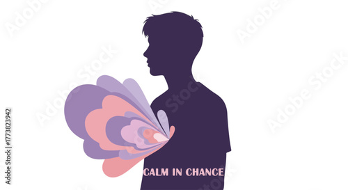 Teen Silhouette with Blooming Abstract Shape and Text "CALM IN CHANCE", Flat Vector, Pastel Colors