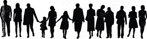 Silhouette of diverse family group standing together, men, women, and children holding hands, , men, women, and children holding hands, unity, generations, love, relationship, and togetherness