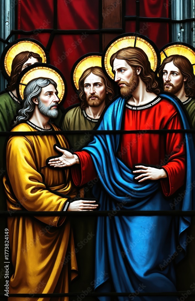 Naklejka premium Jesus calls disciples to follow him. Stained glass shows religious figures with halos. They stand together in a church interior. Divine light shines on their faces.