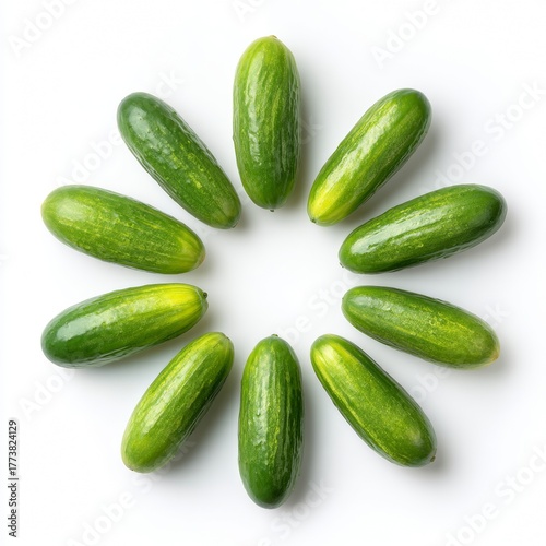 A collection of fresh green cucumbers arranged in a circular pattern