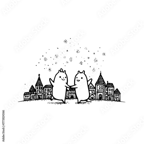 A majestic unicorn prancing amidst sparkling crystals and twinkling stars in a monochrome illustration