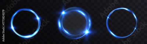 Set of blue glowing circular light rings with energy flow on transparent background, luminous neon round swirl shapes, futuristic glowing halo design elements.
