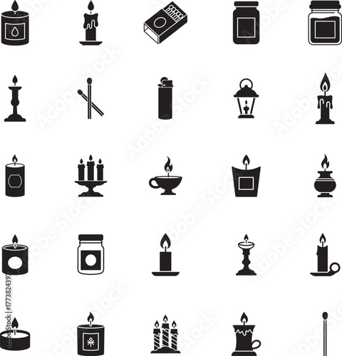 Candle Day Silhouette icon collection. Includes Silhouette symbols candle, light, flame, wax, decoration, relaxation and more. Isolated icons. Candle icon set. 