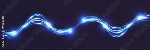 Blue glowing light waves with energy flow effect on transparent background, luminous motion lines, futuristic neon curve design element.