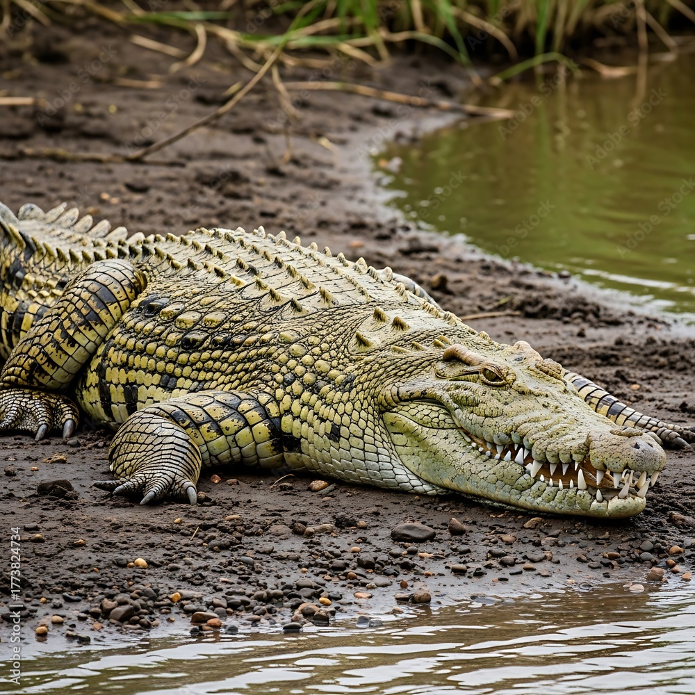 Fototapeta premium Large Crocodile Resting on Muddy Bank near Waters Edge.