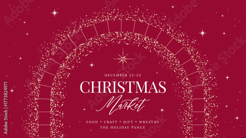 Luxury Christmas Market Banner with Gold Glitter Arch, Red Background, and Elegant Typography – Holiday Event Vector